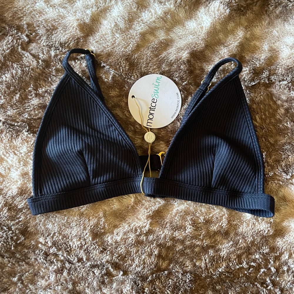 Montce Swim triangle top in black, size medium.